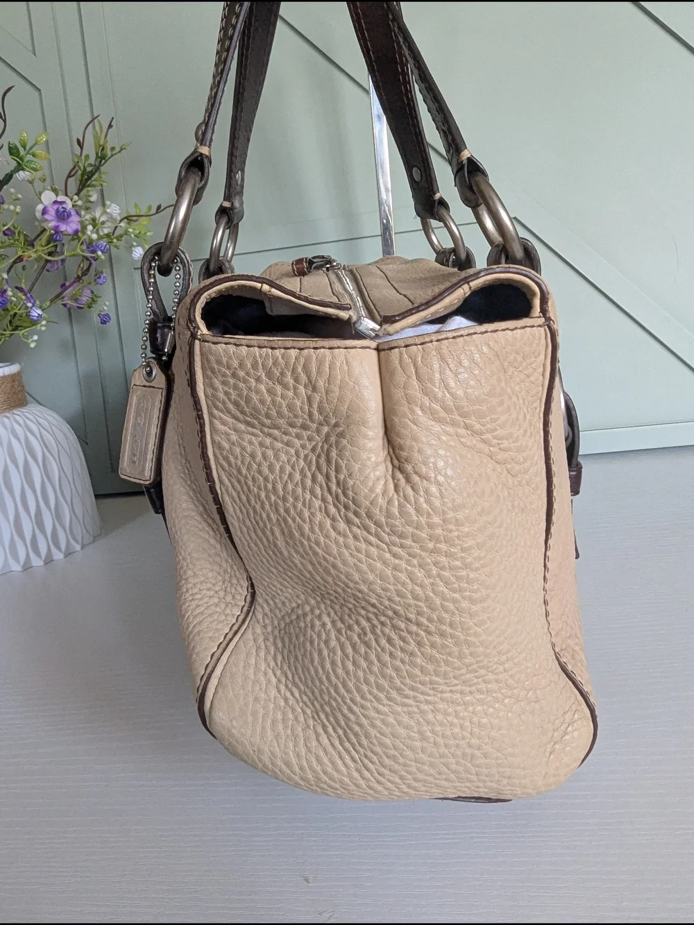 Coach Beige Leather Satchel with Dark Brown Straps